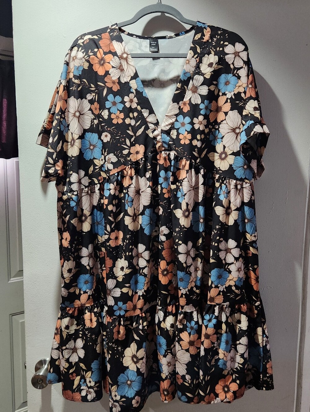 SHEIN Black Floral V-Neck Tiered Mini Dress with Blue and Peach Flowers